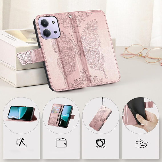 Klopové pouzdro pro Xiaomi Redmi 15C 4G/LTE, Butterfly, růžové rose gold