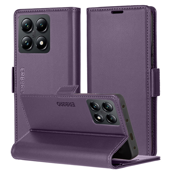 Pouzdro pro Xiaomi 14T Pro, ERBORD Glossy Litchi, flipová peněženka, fialové