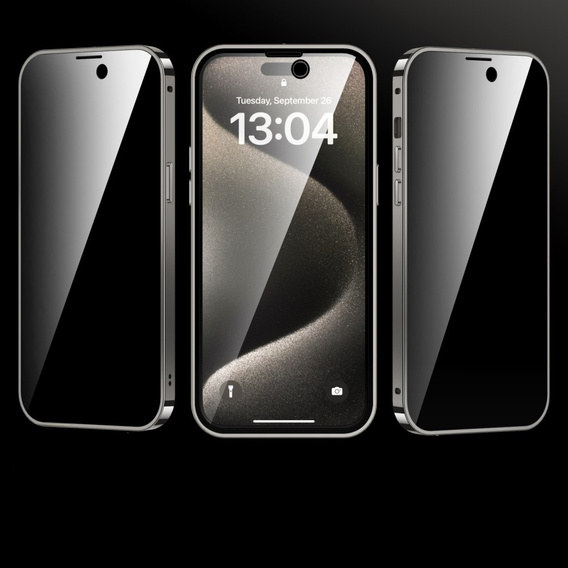 Pouzdro pro iPhone 15 Pro Max, Privacy Dual Glass, pro MagSafe, stříbrné