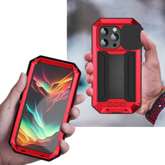 Pouzdro pro iPhone 15 Pro Max, R-JUST CamShield Slide, pancéřované, červené / černé