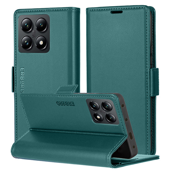 Pouzdro pro Xiaomi 14T Pro, ERBORD Glossy Litchi, flipová peněženka, zelené