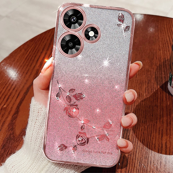 Pouzdro pro Infinix Hot 30, Glitter Flower, růžové rose gold
