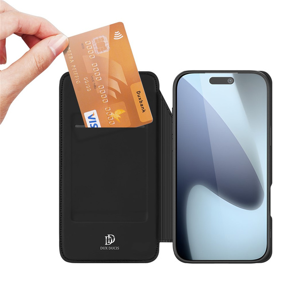 Pouzdro Dux Ducis pro iPhone 17 Pro Max, Skin Pro, s klopou, s přihrádkou na kartu, černé