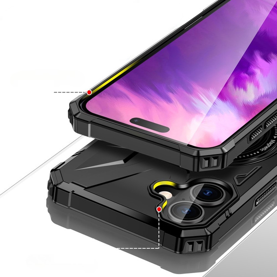 Pouzdro pro iPhone 16, pancéřované se stojánkem a deskou na rukojeť, černé