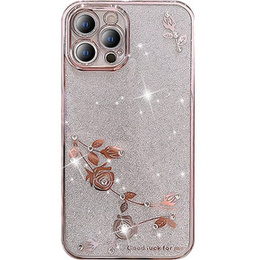 Pouzdro pro iPhone 13 Pro, Glitter Flower, růžové rose gold