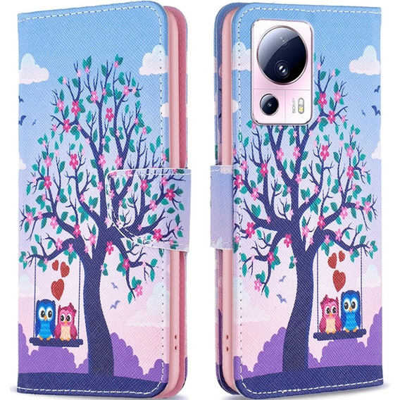 Klopové pouzdro pro Xiaomi 13 Lite, Wallet, tree & owls, modré
