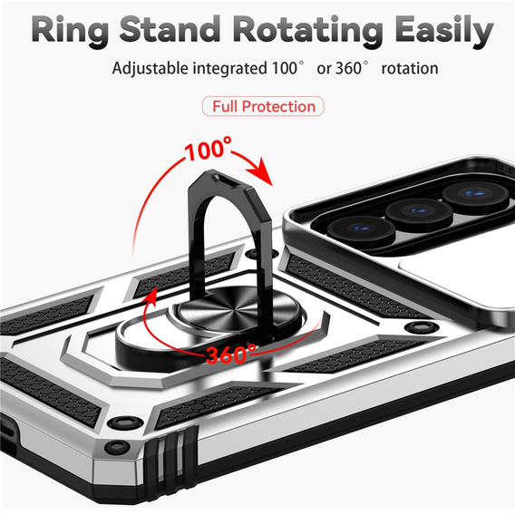 Pevné pouzdro s podstavcem a krytem objektivu pro Samsung Galaxy S26 Plus, stříbrné