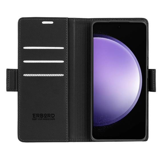 Pouzdro pro Samsung Galaxy S23 FE, ERBORD Glossy Litchi, flipová peněženka, černé