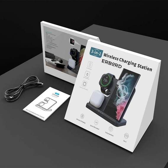 Bezdrátová indukční nabíječka 3v1 QI rychlá pro Samsung S25 S24 S23 Galaxy Watch Buds stanice černá