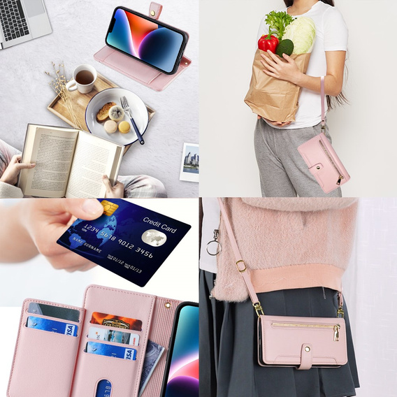 Klopové pouzdro pro iPhone 14, Wallet Zipper Pocket, růžové