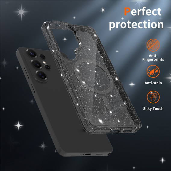 Brokatové pouzdro, pro MagSafe pro Samsung Galaxy S26 Ultra, průhledné / černé