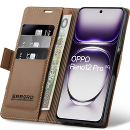 Pouzdro pro Oppo Reno 12 Pro, ERBORD Glossy Litchi, flipová peněženka, hnědé