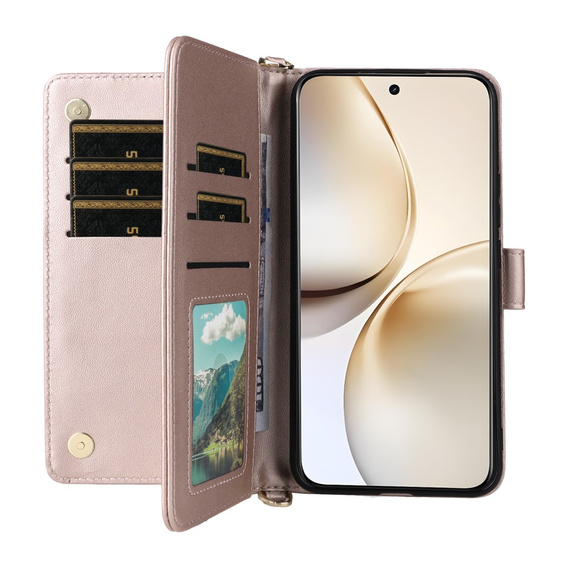 Flipové pouzdro pro Realme 14 Pro+ 5G, Crossbody Leather Wallet, růžové rose gold