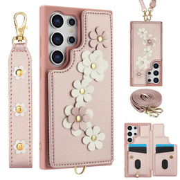 Pouzdro pro Samsung Galaxy S24 Ultra, Leather Flower Card Slot, růžové
