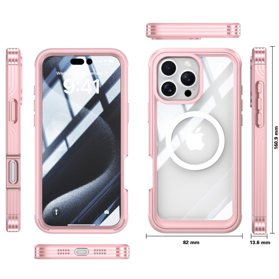Pouzdro pro iPhone 16 Pro, Shockproof, se sklem, pro MagSafe, růžové