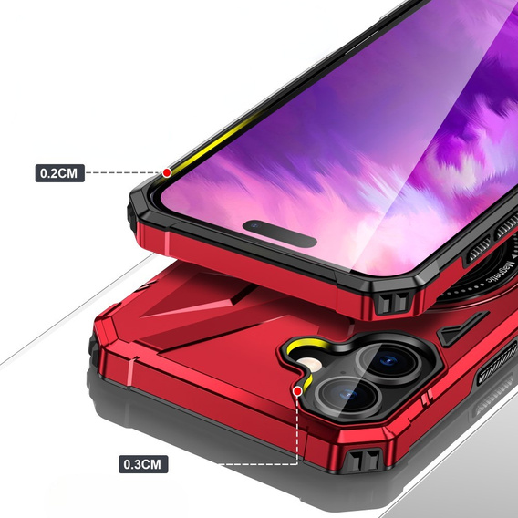 Pouzdro pro iPhone 16, pancéřované se stojánkem a deskou na rukojeť, červené