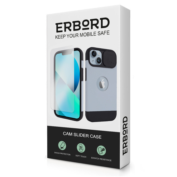 Pouzdro ERBORD MagSafe Cam Slider, modré + sklo na displej pro iPhone 13 / iPhone 14
