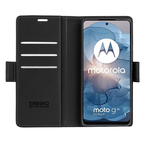 Pouzdro pro Motorola Moto G24 / Moto G04, ERBORD Glossy Litchi, flipová peněženka, černé