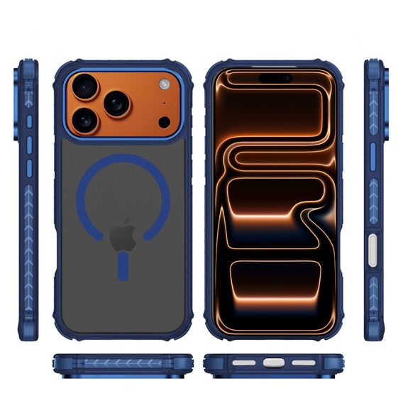 Matné pouzdro pro iPhone 17 Pro Max, pancéřované, pro MagSafe, kouřové s modrými boky