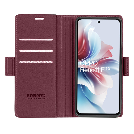 Pouzdro pro Oppo Reno 11F, ERBORD Glossy Litchi, flipová peněženka, červené