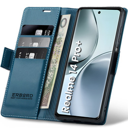 Pouzdro pro Realme 14 Pro+ 5G, ERBORD Glossy Litchi, flipová peněženka, modré