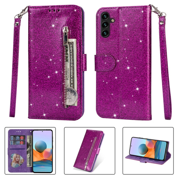 Klopové pouzdro pro Samsung Galaxy A55, Wallet Zipper Pocket Glittery, fialové