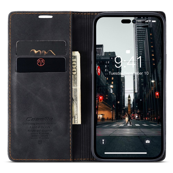 Pouzdro CASEME pro iPhone 14 Pro, Leather Wallet Case, černé