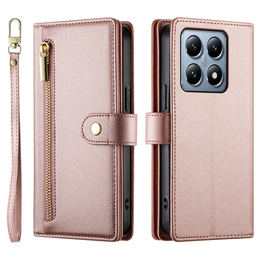 Klopové pouzdro pro Xiaomi 14T Pro, Wallet Zipper Pocket, růžové