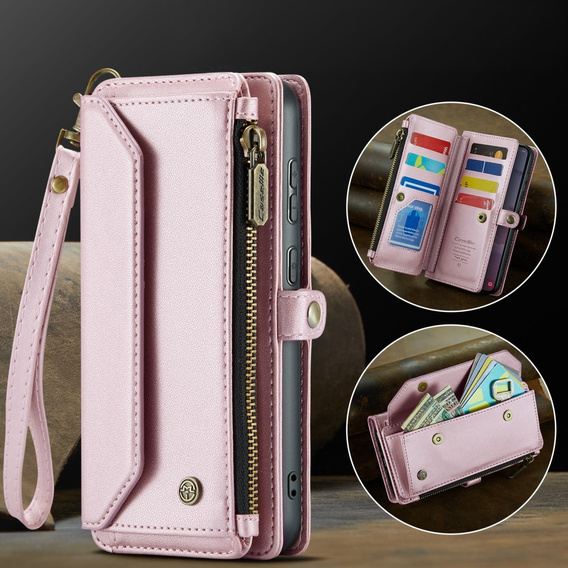 Pouzdro CASEME pro Samsung Galaxy S24 FE, RFID Leather Wallet, s popruhem přes rameno, růžové