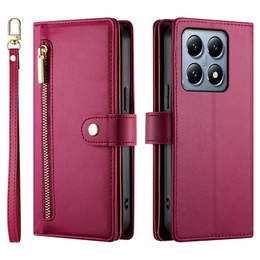 Klopové pouzdro pro Xiaomi 14T Pro, Wallet Zipper Pocket, červené