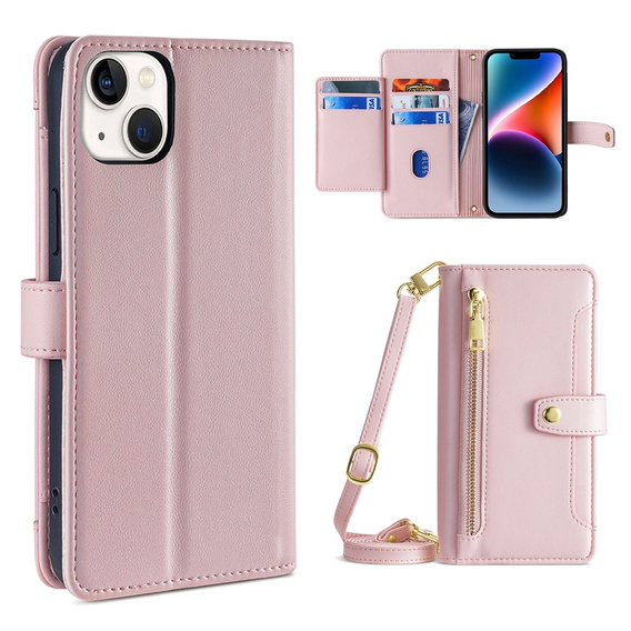 Klopové pouzdro pro iPhone 14, Wallet Zipper Pocket, růžové