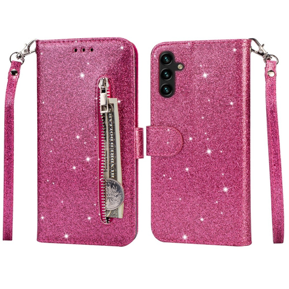 Klopové pouzdro pro Samsung Galaxy A55, Wallet Zipper Pocket Glittery, růžové