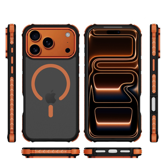 Matné pouzdro pro iPhone 17 Pro, pancéřované, pro MagSafe, kouřové s oranžovými boky