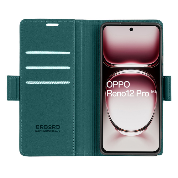 Pouzdro pro Oppo Reno 12 Pro, ERBORD Glossy Litchi, flipová peněženka, zelené