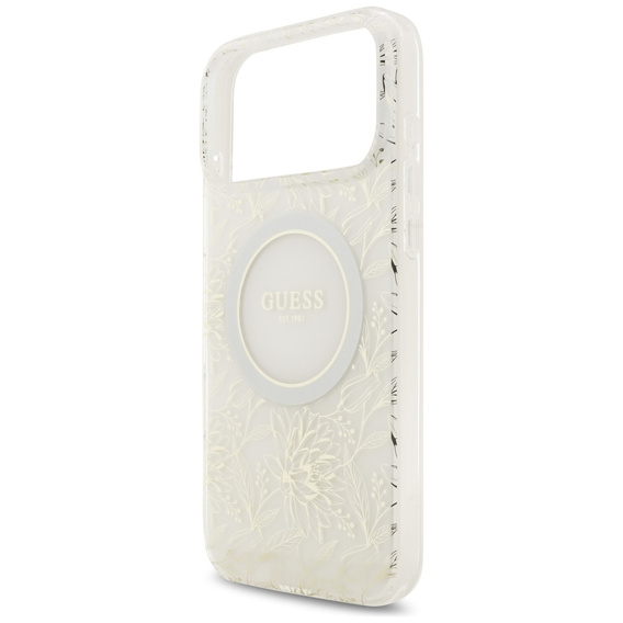 Pouzdro Guess IML Flowers Electroplated Allover With Beads Strap, pro MagSafe, s řemínkem pro iPhone 17 Pro Max