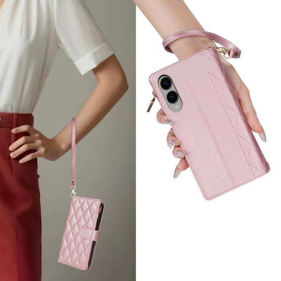 Pouzdro s klopou pro Samsung Galaxy S25 Edge, Rhombus Crossbody Leather, růžové rose gold