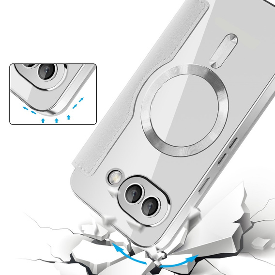 Klopové pouzdro pro Google Pixel 9A, RFID Wallet MagSafe CamShield, stříbrné