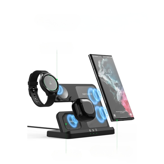 Bezdrátová indukční nabíječka 3v1 QI rychlá pro Samsung S25 S24 S23 Galaxy Watch Buds stanice černá