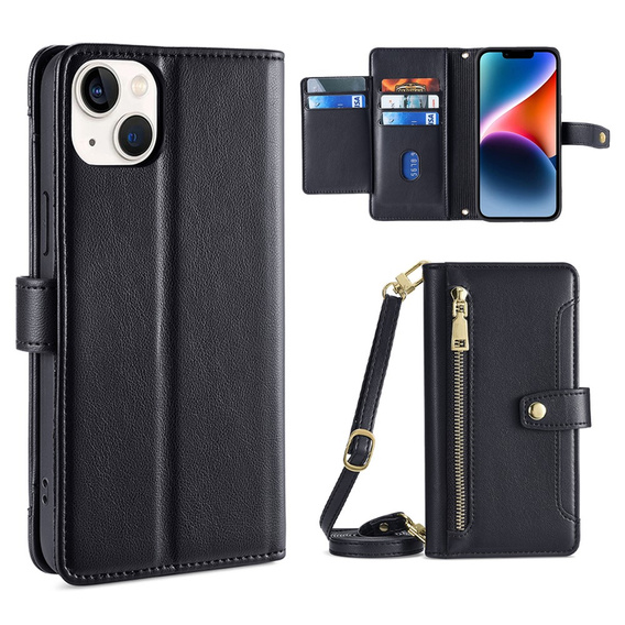 Klopové pouzdro pro iPhone 14, Wallet Zipper Pocket, černé