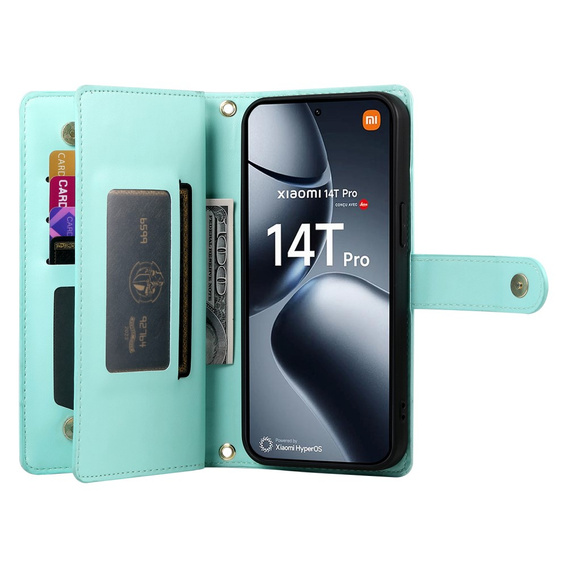 Klopové pouzdro pro Xiaomi 14T Pro, Wallet Zipper Pocket, zelené