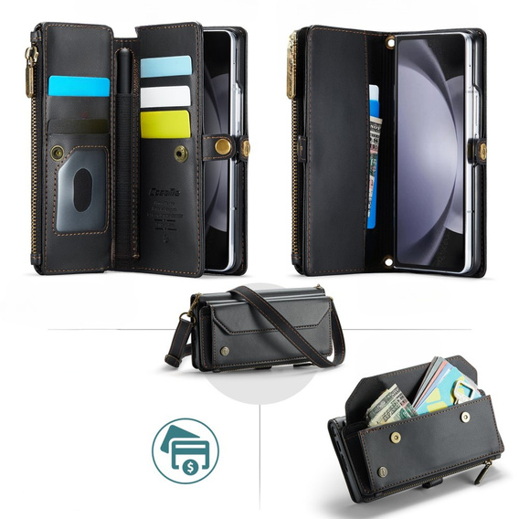 Pouzdro CASEME pro Samsung Galaxy Z Fold6 5G, RFID Leather Wallet, s popruhem přes rameno, černé