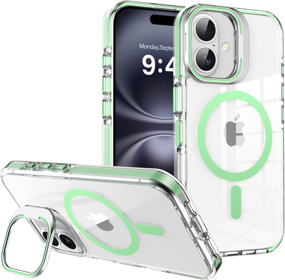 Pouzdro pro iPhone 17, pro MagSafe, se stojánkem, průhledné se zelenými vložkami