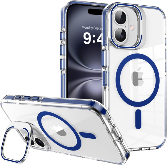 Pouzdro pro iPhone 17, pro MagSafe, se stojánkem, průhledné s tmavě modrými vložkami