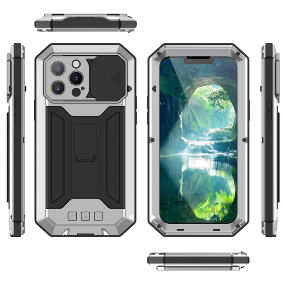 Pouzdro pro iPhone 13 Pro Max, R-JUST CamShield Slide, pancéřované, stříbrné / černé