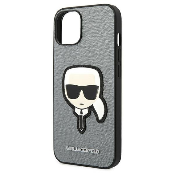 Pouzdro Karl Lagerfeld pro iPhone 14, Saffiano Karl's Head Patch, stříbrné