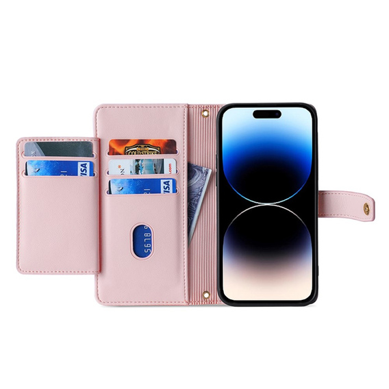 Klopové pouzdro pro iPhone 14 Pro Max, Wallet Zipper Pocket, růžové