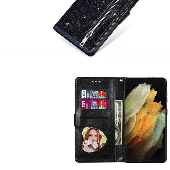 Klopové pouzdro pro Samsung Galaxy S24 Ultra, Wallet Zipper Pocket Glittery, černé