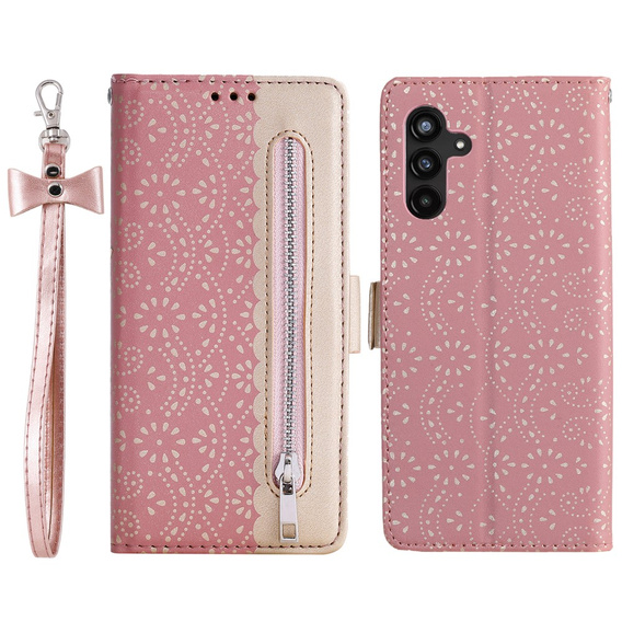 Flipové pouzdro pro Samsung Galaxy A25 5G, Wallet Pocket Zipper Lace, růžové