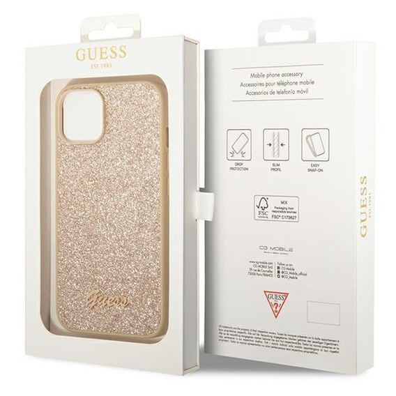 Pouzdro GUESS pro iPhone 14 Plus, Glitter Script Hardcase, zlaté