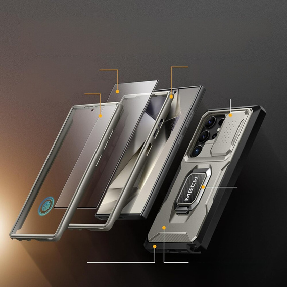 Pancéřové pouzdro pro Samsung Galaxy S24 Ultra, řada TONGATE MECH s kroužkem, šedé